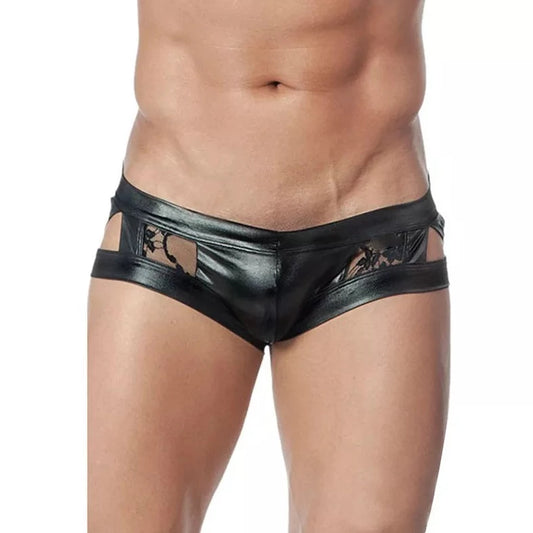 a hot gay man in black Gay Men's Faux Leather Floral Sheer Briefs - pridevoyageshop.com - gay men’s underwear and swimwear