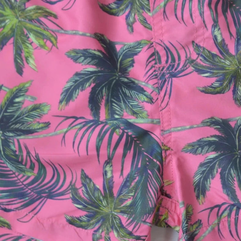 details of pink Palm Trees Board Shorts - pridevoyageshop.com - gay men’s underwear and swimwear