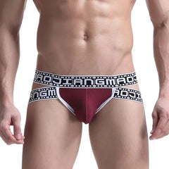 a hot gay man in wine red Gay Men's Movie Strip Jockstrap - pridevoyageshop.com - gay men’s underwear and swimwear