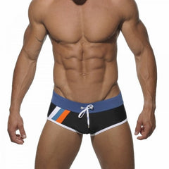 hot gay man in black Gay Swimwear & Beachwear | Side Striped Square Cut Swim Trunks - pridevoyageshop.com - gay men’s underwear and swimwear