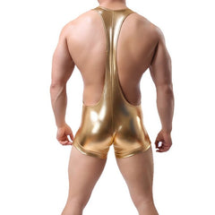 sexy gay man in gold Gay Singlet and Bodysuit | Men's Hot PU Leather Singlet - Men's Singlets, Bodysuits, Rompers & Jumpsuits - pridevoyageshop.com