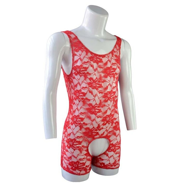 red Gay Singlet and Bodysuit | Men's Open Crotch Lace Singlet - Men's Singlets, Bodysuits, Leotard & Unitard - pridevoyageshop.com