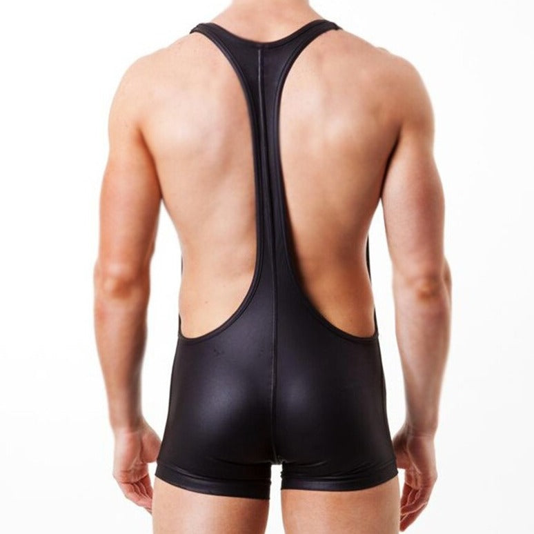 sexy gay man in black Gay Singlet and Bodysuit | Men's Hot PU Leather Singlet - Men's Singlets, Bodysuits, Rompers & Jumpsuits - pridevoyageshop.com