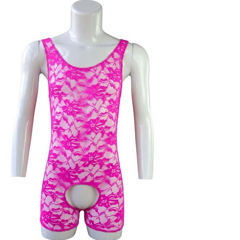 rose red Gay Singlet and Bodysuit | Men's Open Crotch Lace Singlet - Men's Singlets, Bodysuits, Leotard & Unitard - pridevoyageshop.com