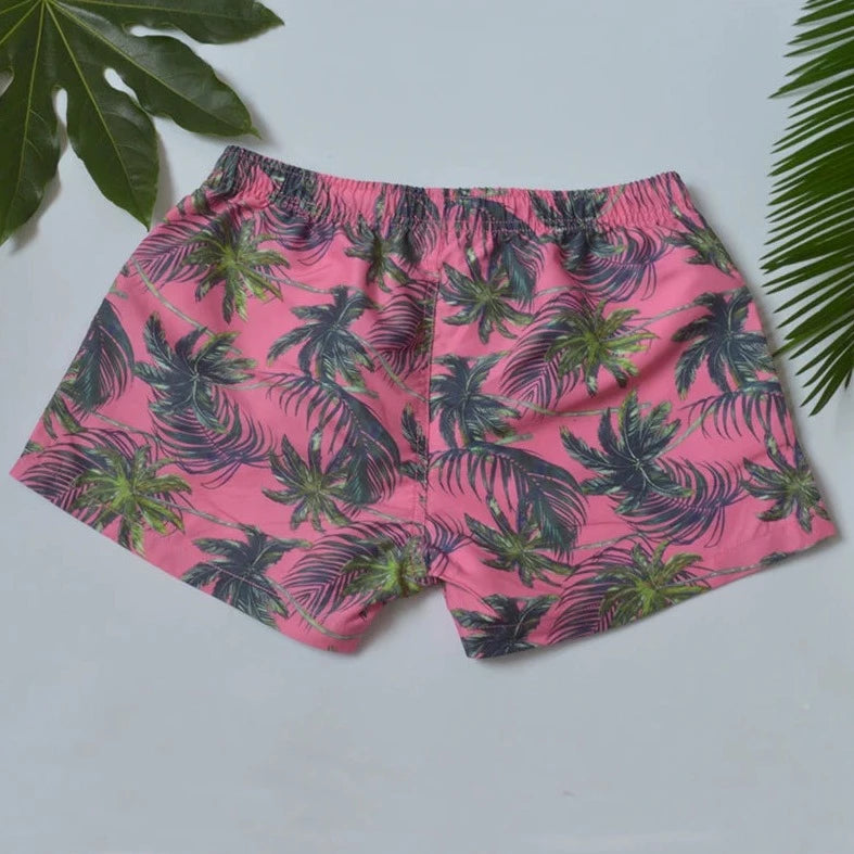 details of pink Palm Trees Board Shorts - pridevoyageshop.com - gay men’s underwear and swimwear