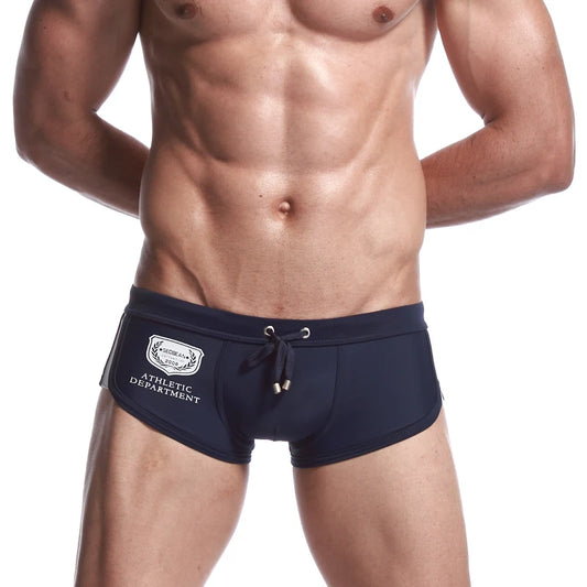 a sexy gay man in dark blue Men's Athletic Square Cut Swim Trunks - pridevoyageshop.com - gay men’s underwear and swimwear