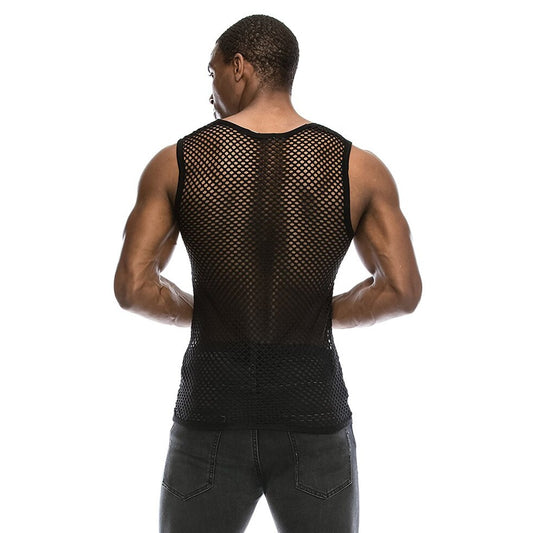 back of black Gay Men Fashion | Men's Black Mesh Tank Top: Fishnet Tank for Men- pridevoyageshop.com - gay men’s harness, lingerie and fetish wear