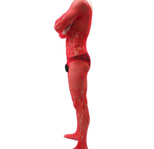 sexy gay man in Men's Red Lace and Fishnet Bodysuit | Gay Lingerie - pridevoyageshop.com - gay men’s bodystocking, lingerie, fishnet and fetish wear