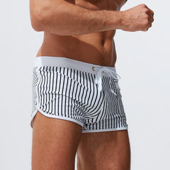 sexy gay man in black Gay Swimwear | Men' s Striped Swim Trunks With Zipper Pocket - pridevoyageshop.com - gay men’s underwear and swimwear