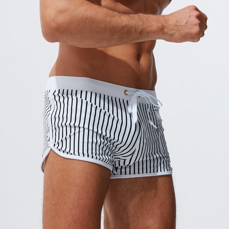 sexy gay man in black Gay Swimwear | Men' s Striped Swim Trunks With Zipper Pocket - pridevoyageshop.com - gay men’s underwear and swimwear
