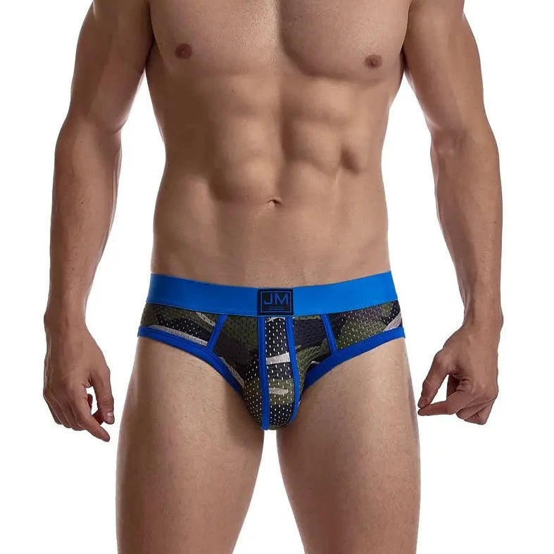 a hot gay man in blue Jockmail Men's Mesh Camo Briefs - pridevoyageshop.com - gay men’s underwear and swimwear