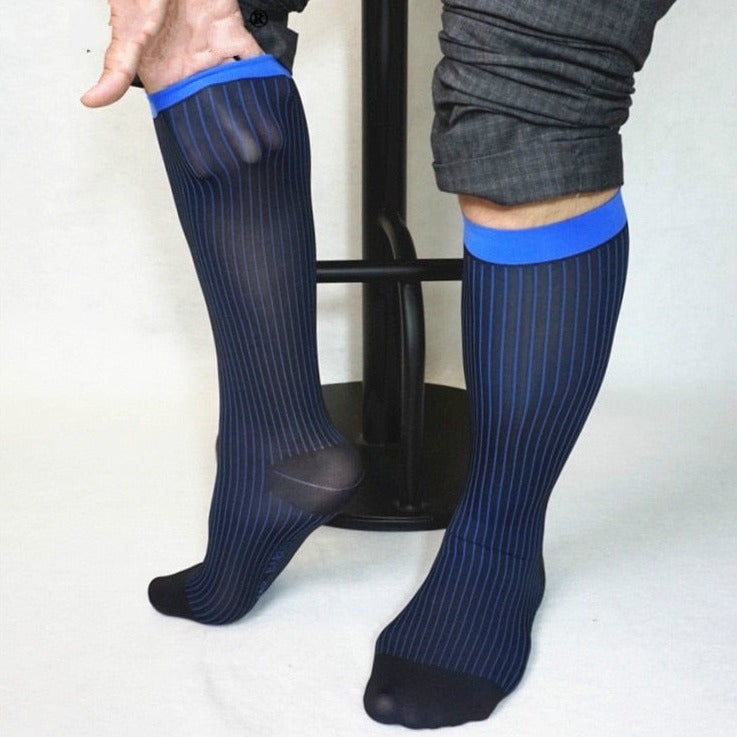 details of blue Thick n Thins Ribbed Dress Socks: Sheer Nylon Socks for Gay Man- pridevoyageshop.com - gay men’s harness, lingerie and fetish wear