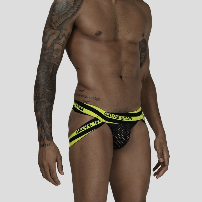 a man in yellow ORLVS STAR Men's Mesh G-String Jockstrap Underwear - pridevoyageshop.com - gay men’s underwear and swimwear