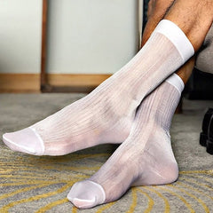 white Ribbed Sheer OTC Socks: Men's Sheer Dress Socks for the Sexy Gay Man- pridevoyageshop.com - gay men’s harness, lingerie and fetish wear