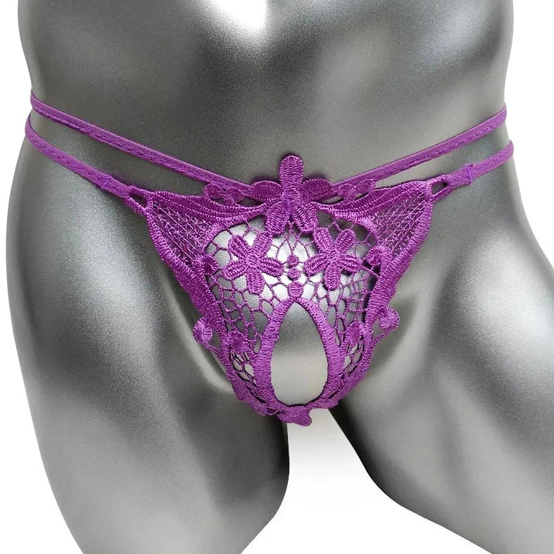 Purple Men's Jasmine G-String Thong with Penis Hole - pridevoyageshop.com - gay men’s bodystocking, lingerie, fishnet and fetish wear