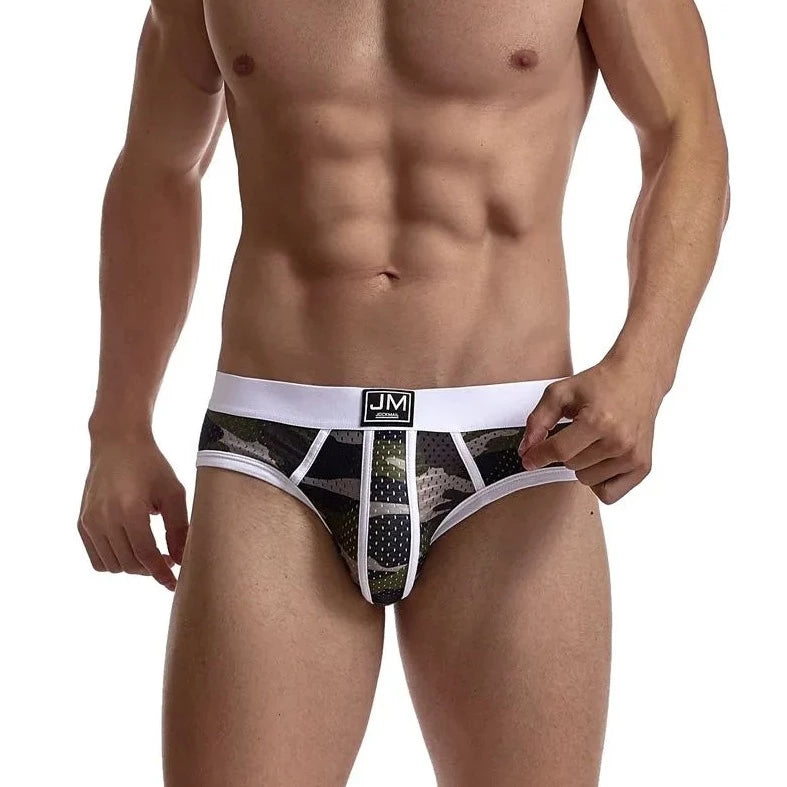 a hot gay man in white Jockmail Men's Mesh Camo Briefs - pridevoyageshop.com - gay men’s underwear and swimwear