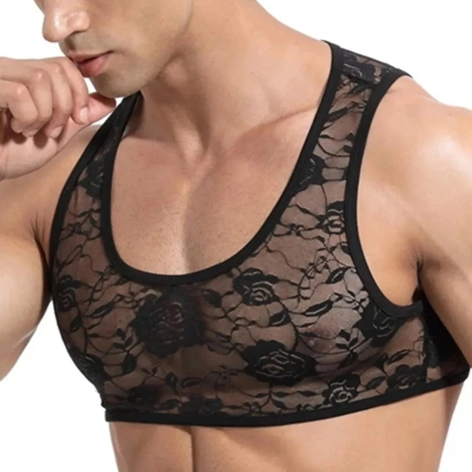 a hot gay guy in black Men's Erotic Floral Lace Crop Tops | Gay Crop Tops & lingerie - pridevoyageshop.com - gay crop tops, gay casual clothes and gay clothes store