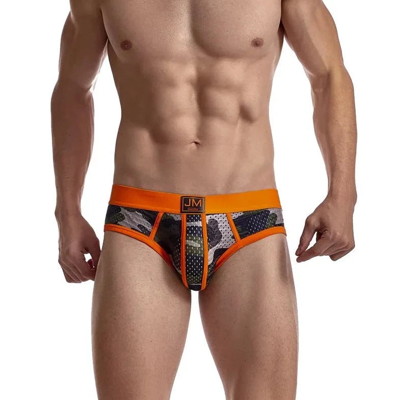 a hot gay man in orange Jockmail Men's Mesh Camo Briefs - pridevoyageshop.com - gay men’s underwear and swimwear