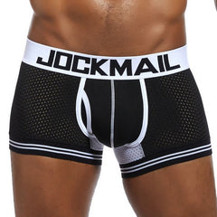 Black and white Jockmail - Mens Mesh Boxers: Bulge Pouch Underwear for Male Attraction - pridevoyageshop.com - gay men’s underwear and swimwear