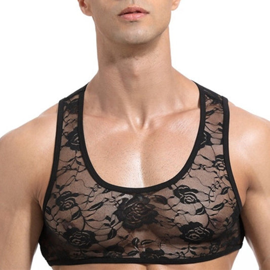 a hot gay guy in black Men's Erotic Floral Lace Crop Tops | Gay Crop Tops & lingerie - pridevoyageshop.com - gay crop tops, gay casual clothes and gay clothes store