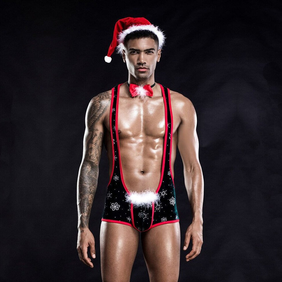 sexy gay man in Gay Singlet and Bodysuit | Gay Christmas 3-Piece Singlet Set - Men's Singlets, Bodysuits, Rompers & Jumpsuits - pridevoyageshop.com