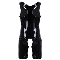 Gay Bodysuit | Men's Crotchless Patent Leather Bodysuit - Men's Singlets, Bodysuits, Leotard & Unitard - pridevoyageshop.com