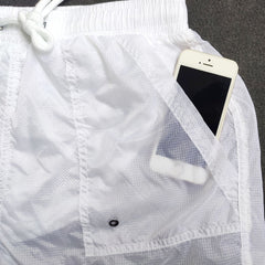 details of white Gay Swimwear & Beachwear | Men's Transparent Swim Trunks - pridevoyageshop.com - gay men’s underwear and swimwear