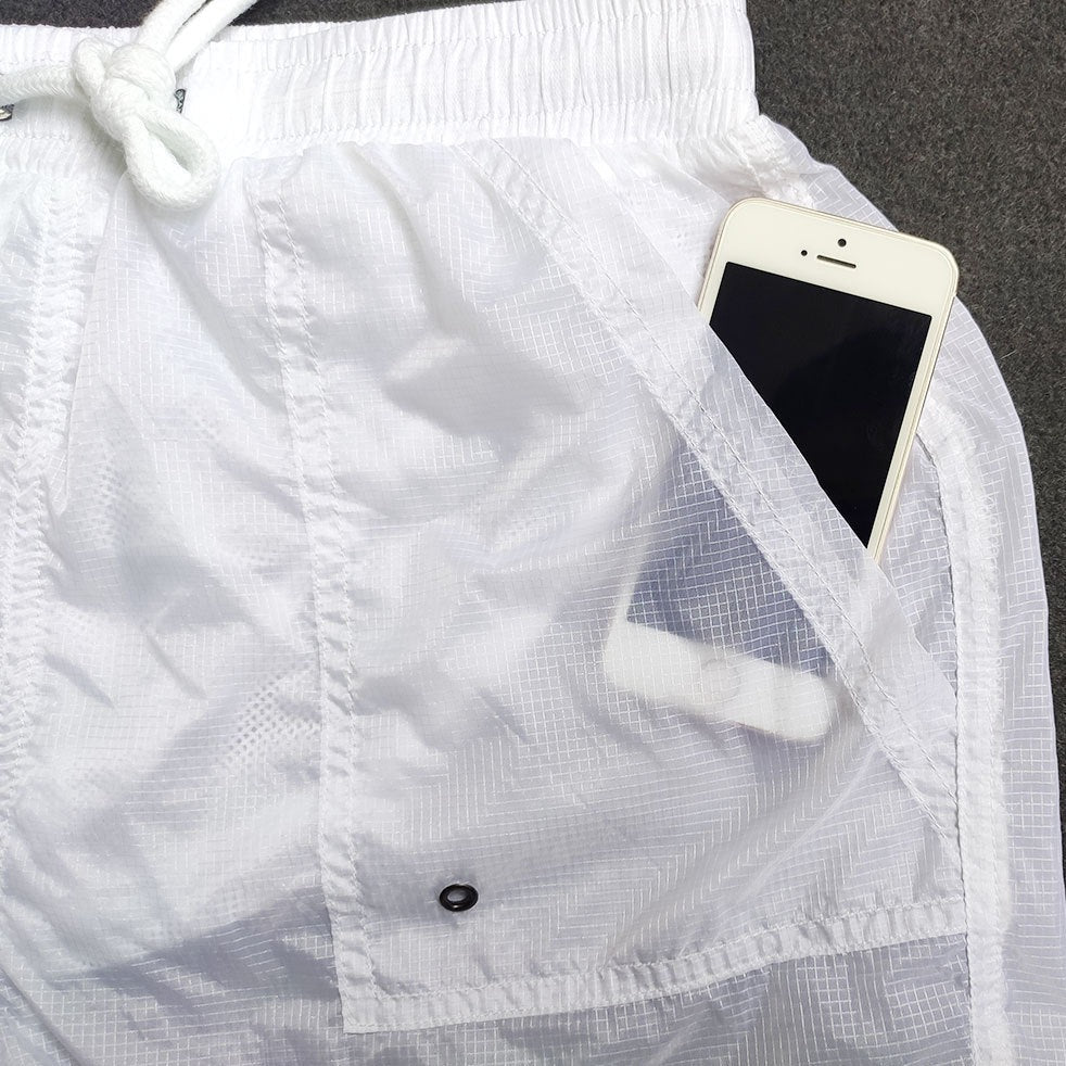 details of white Gay Swimwear & Beachwear | Men's Transparent Swim Trunks - pridevoyageshop.com - gay men’s underwear and swimwear