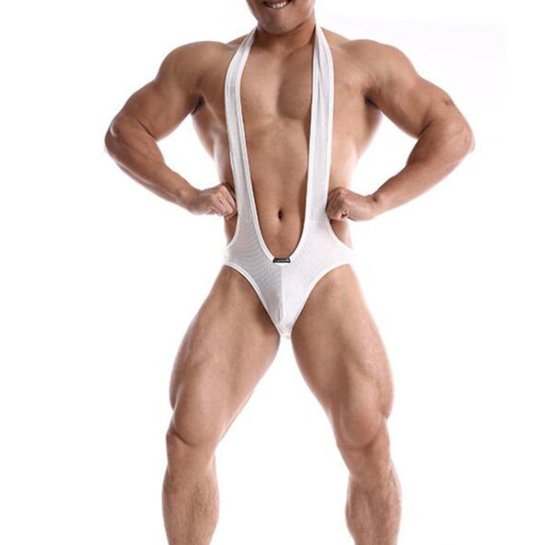 white Men's Mesh Backless Bodysuit: Leotard for Men | Gay Unitard- pridevoyageshop.com - gay men’s harness, lingerie and fetish wear