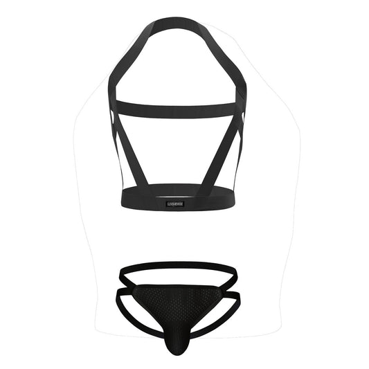 black Jockstrap + Elastic Bondage Harness | Gay Harness- pridevoyageshop.com - gay men’s harness, lingerie and fetish wear