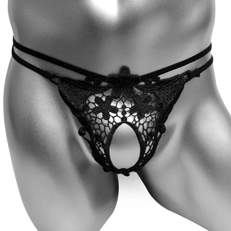 Black Men's Jasmine G-String Thong with Penis Hole - pridevoyageshop.com - gay men’s bodystocking, lingerie, fishnet and fetish wear