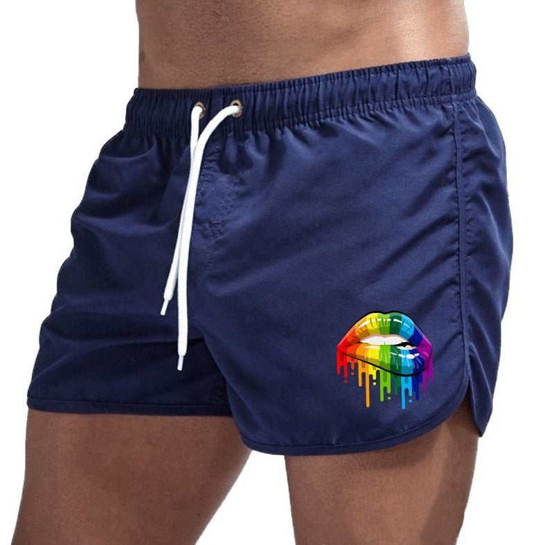 dark blue Gay Swimwear & Beachwear | Rainbow Lips Print Board Shorts - pridevoyageshop.com - gay men’s underwear and swimwear