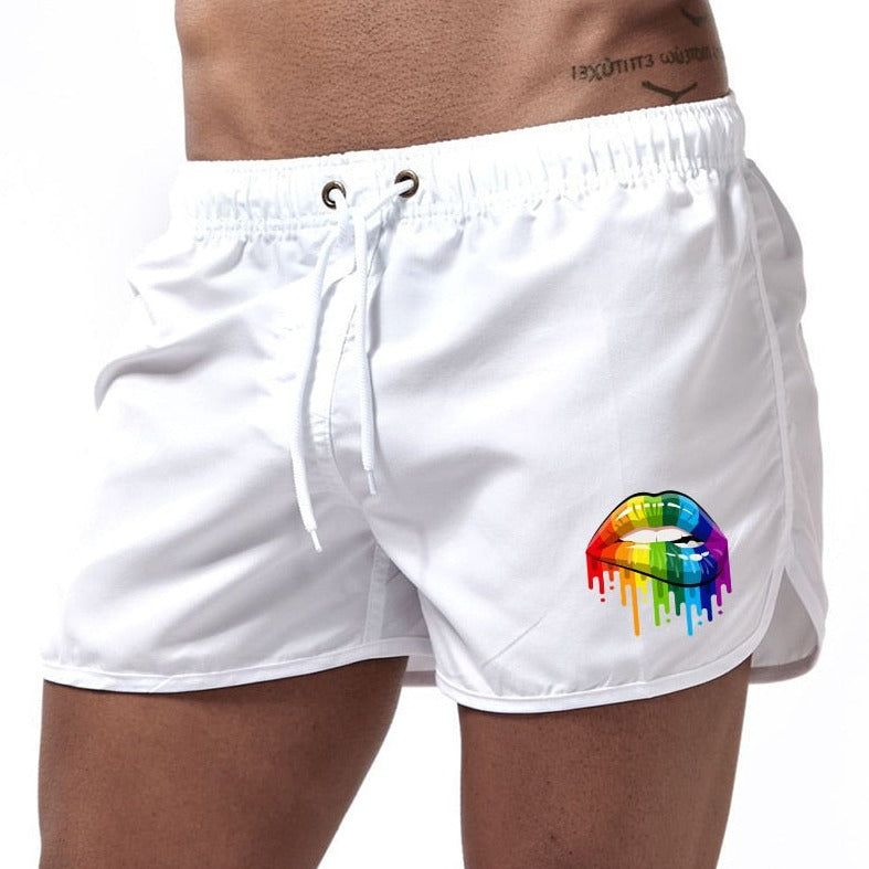 white Gay Swimwear & Beachwear | Rainbow Lips Print Board Shorts - pridevoyageshop.com - gay men’s underwear and swimwear