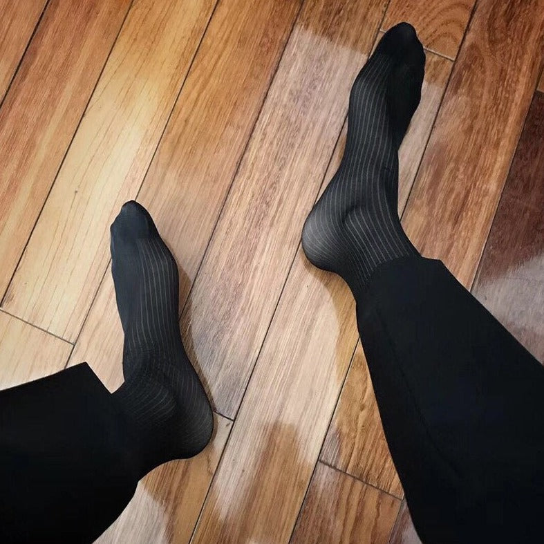 details of black Sheer OTC Socks: Best Men's Sheer Dress Socks for the Sexy Gay Man- pridevoyageshop.com - gay men’s harness, lingerie and fetish wear