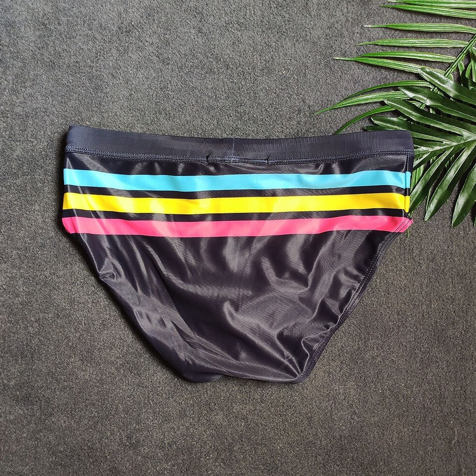 details of black Gay Swimwear | Vibrant Stripes Swim Briefs- pridevoyageshop.com - gay men’s underwear and swimwear