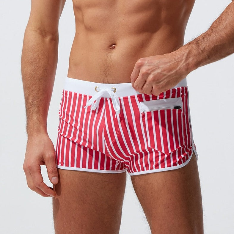 sexy gay man in red Gay Swimwear | Men' s Striped Swim Trunks With Zipper Pocket - pridevoyageshop.com - gay men’s underwear and swimwear