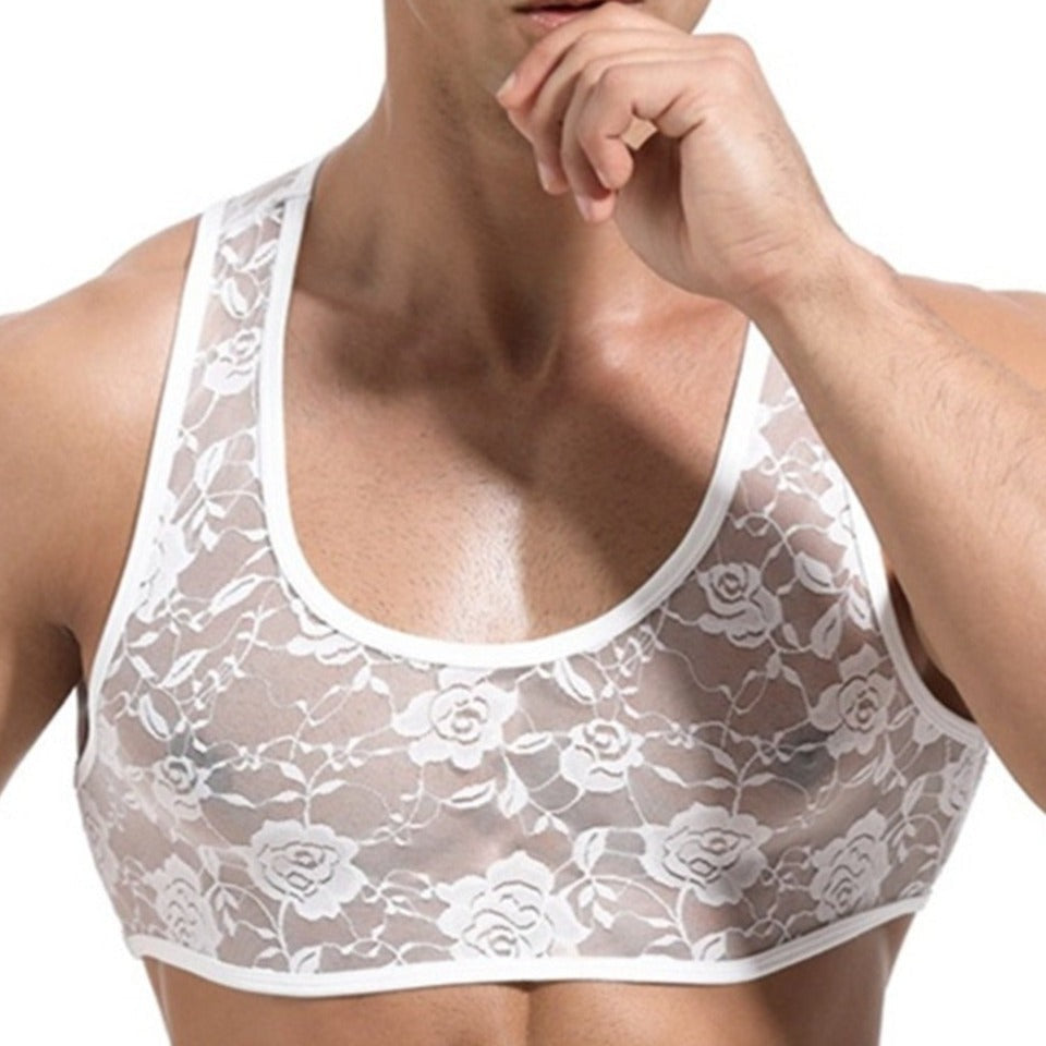 a hot gay guy in white Men's Erotic Floral Lace Crop Tops | Gay Crop Tops & lingerie - pridevoyageshop.com - gay crop tops, gay casual clothes and gay clothes store