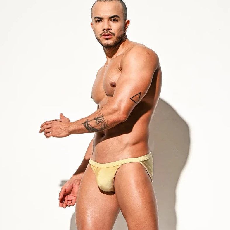 a hot gay man in gold DESMIIT Men's Leg Show Swim Briefs - pridevoyageshop.com - gay men’s underwear and swimwear