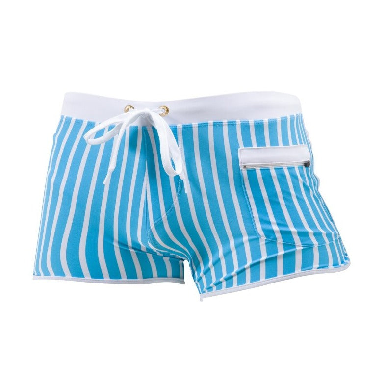 blue Gay Swimwear | Men' s Striped Swim Trunks With Zipper Pocket - pridevoyageshop.com - gay men’s underwear and swimwear