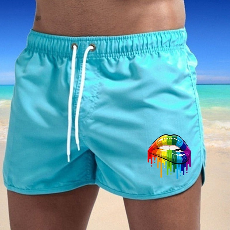 light blue Gay Swimwear & Beachwear | Rainbow Lips Print Board Shorts - pridevoyageshop.com - gay men’s underwear and swimwear
