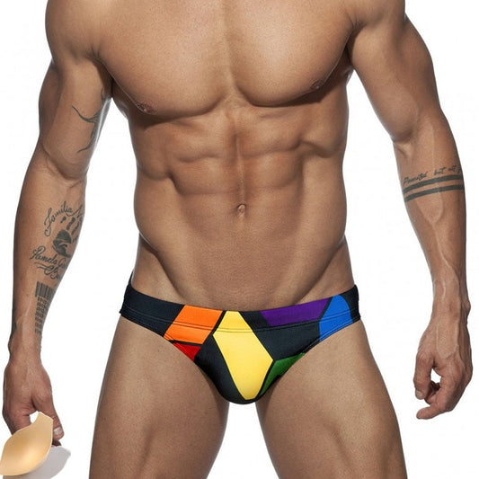 hot gay man in black Gay Swimwear | Gay Men's Rainbow Geometric Swim Briefs- pridevoyageshop.com - gay men’s underwear and swimwear