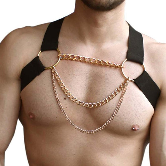 sexy gay man in black Gay Men's Gold Chain Harness | Gay Harness- pridevoyageshop.com - gay men’s harness, lingerie and fetish wear