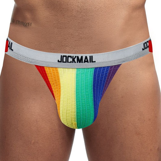 front of a man in gray belt Jockmail Rainbow Pride Jockstrap: Good Pouch Underwear for Men - pridevoyageshop.com - gay men’s underwear and swimwear