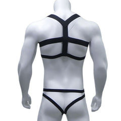 black Men's Elastic Bondage Harness + Jockstrap | Gay Harness- pridevoyageshop.com - gay men’s harness, lingerie and fetish wear