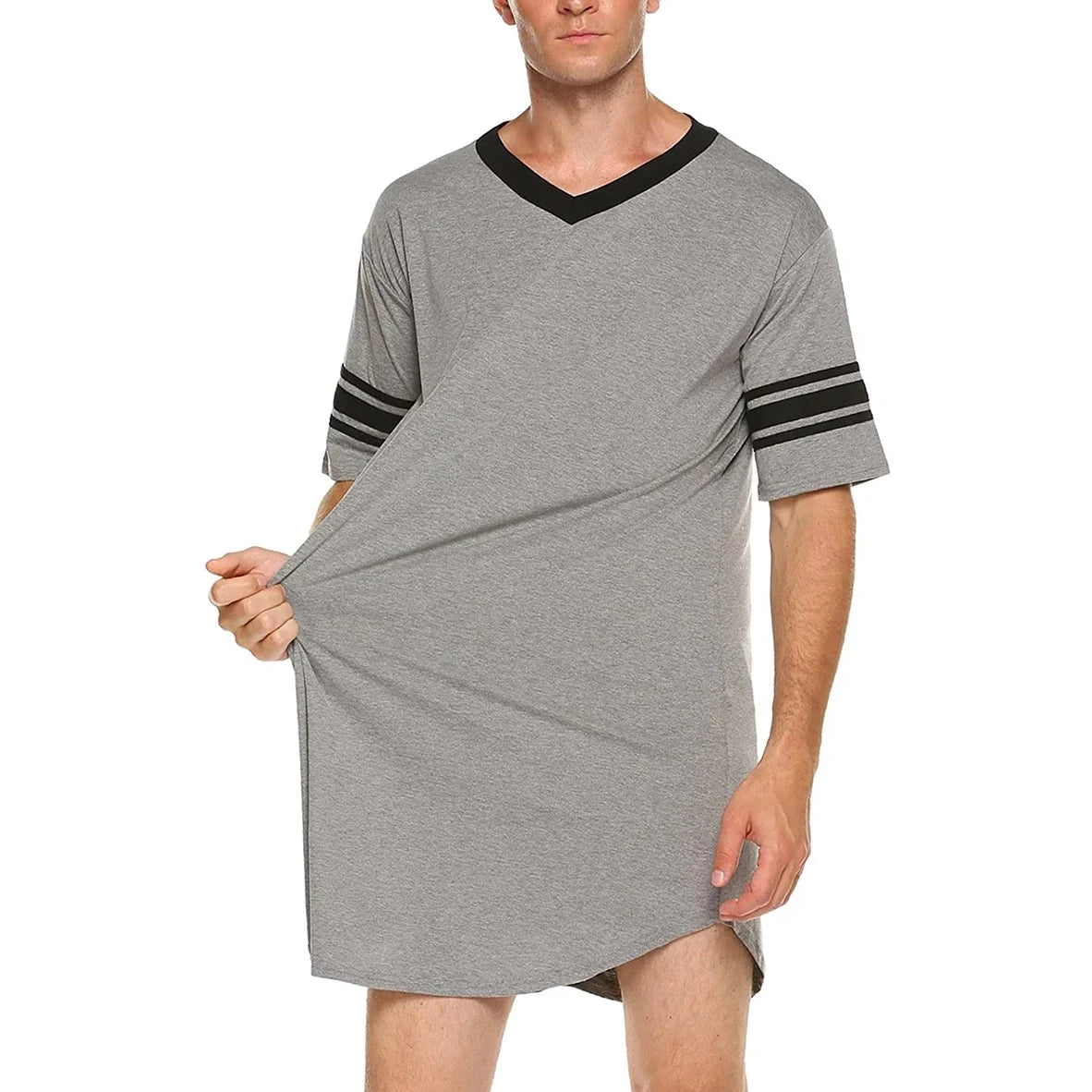 a sexy man in gray Men's Striped V-Neck Nightshirt - pridevoyageshop.com - gay men’s underwear and swimwear