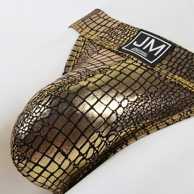 details of Gold Gay Jockstrap: Snakeskin Jockstrap & Erotic Gay Lingerie- pridevoyageshop.com - gay men’s underwear and swimwear