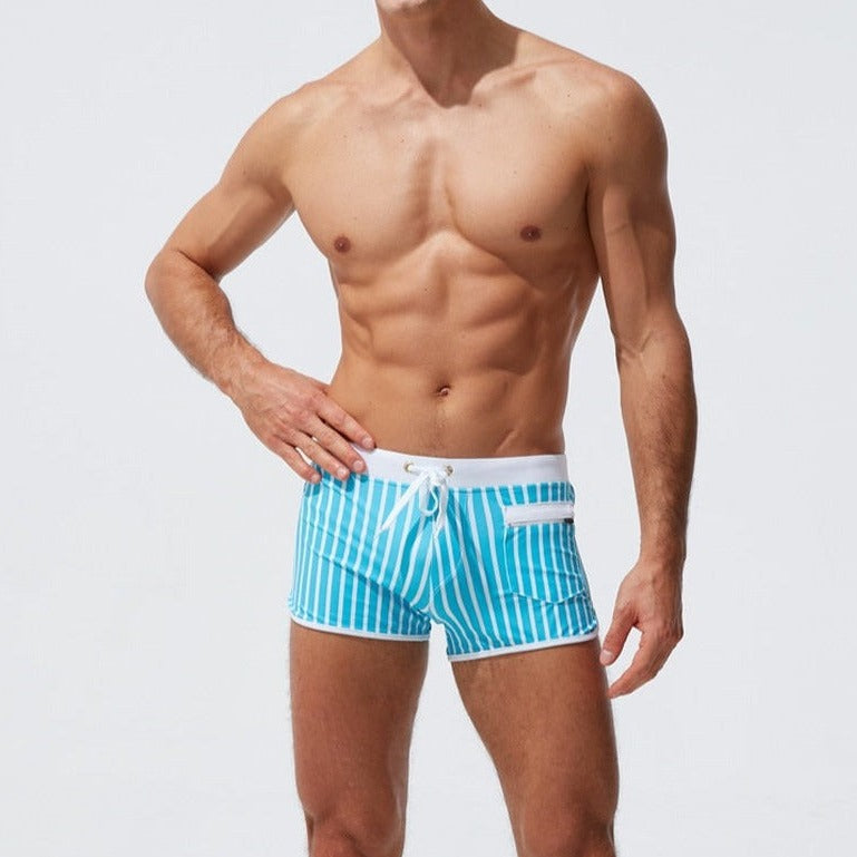 sexy gay man in blue Gay Swimwear | Men' s Striped Swim Trunks With Zipper Pocket - pridevoyageshop.com - gay men’s underwear and swimwear