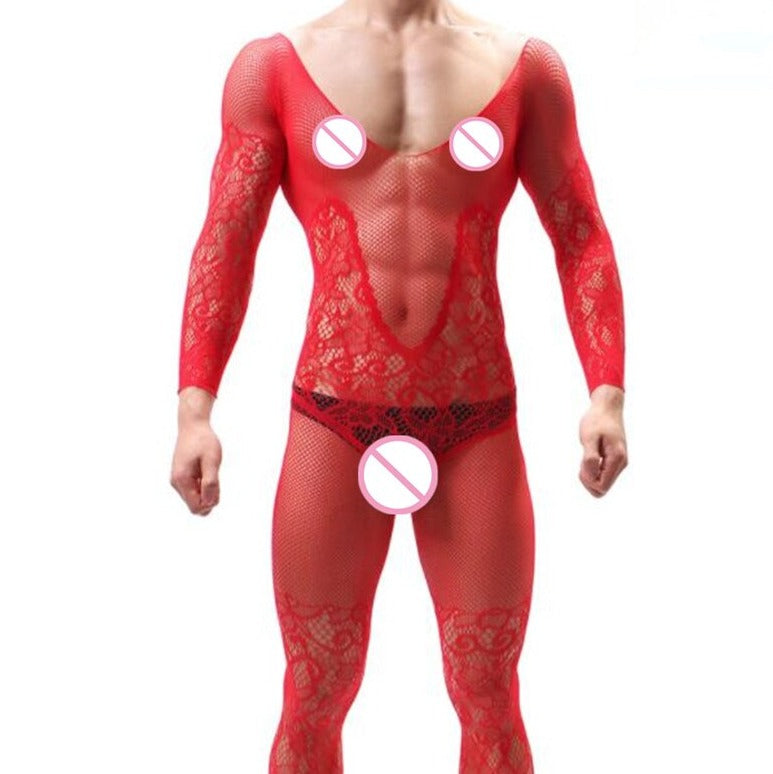 sexy gay man in Men's Red Lace and Fishnet Bodysuit | Gay Lingerie - pridevoyageshop.com - gay men’s bodystocking, lingerie, fishnet and fetish wear