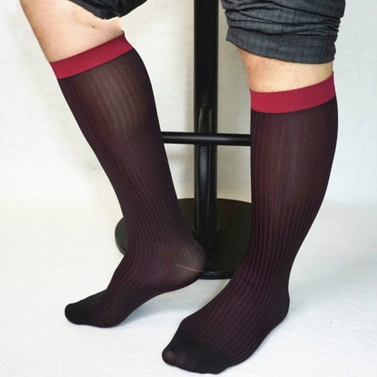 wine red Thick n Thins Ribbed Dress Socks: Sheer Nylon Socks for Gay Man- pridevoyageshop.com - gay men’s harness, lingerie and fetish wear