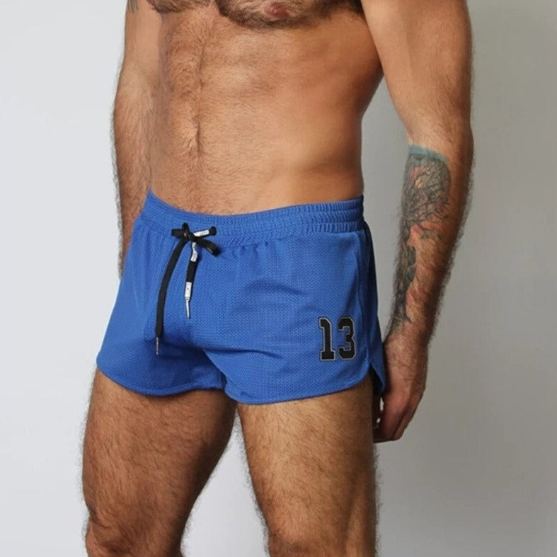 sexy gay man in blue Men's Mesh Gym Short Shorts | Gay Shorts - Men's Activewear, gym short, sport shorts, running shorts- pridevoyageshop.com